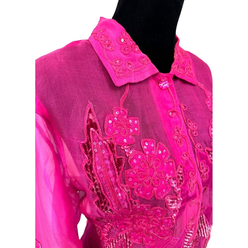 Sandy Starkman Womens Button Up Sheer Blouse Large Pink Embroidered Applique - Picture 9 of 16